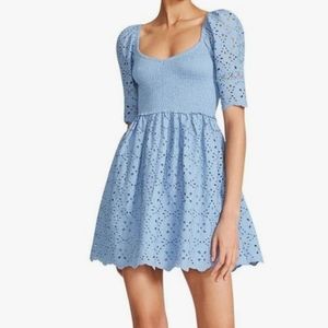 Betsey Johnson Womens Blue Cotton Short Puff Sleeves Mini Dress Size M NWOT'S